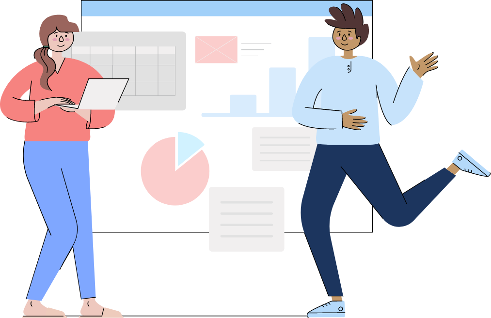 Illustration of woman on laptop and man looking and graphs