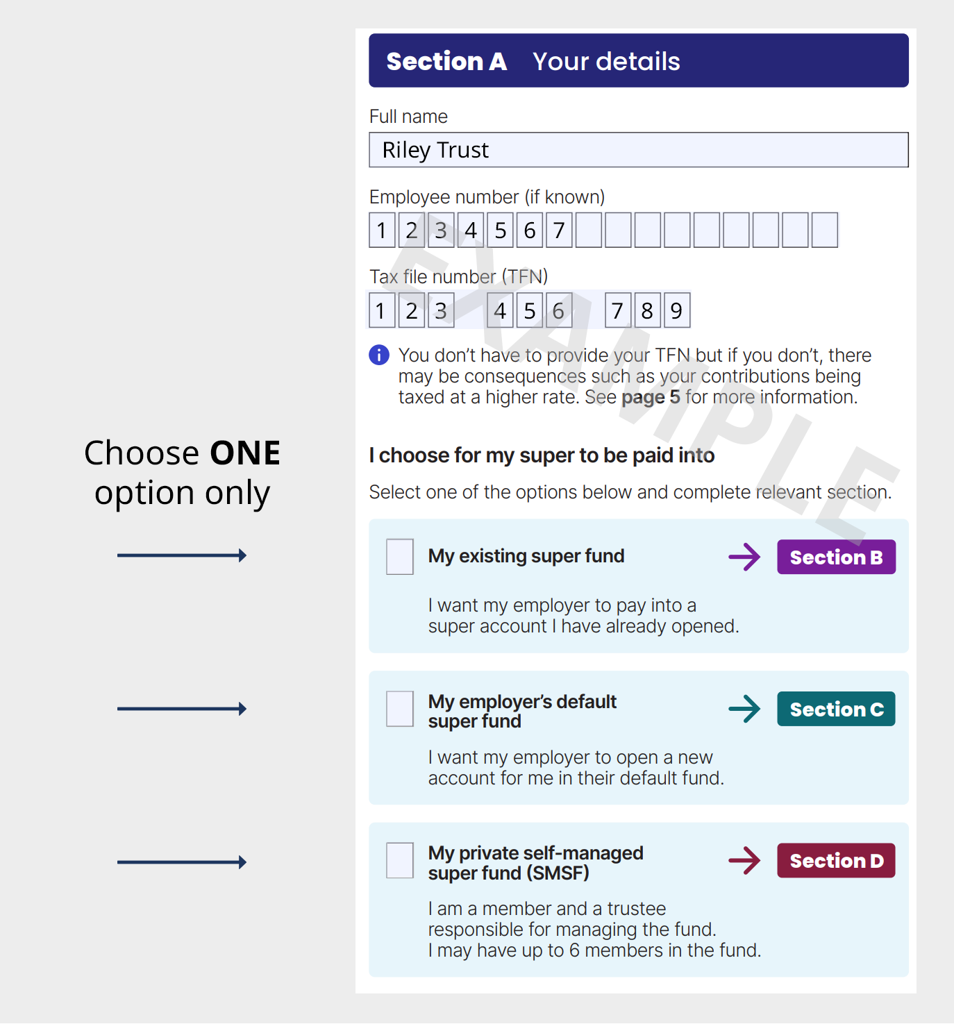 Screenshot of Section A for the Superannuation Standard Choice Form