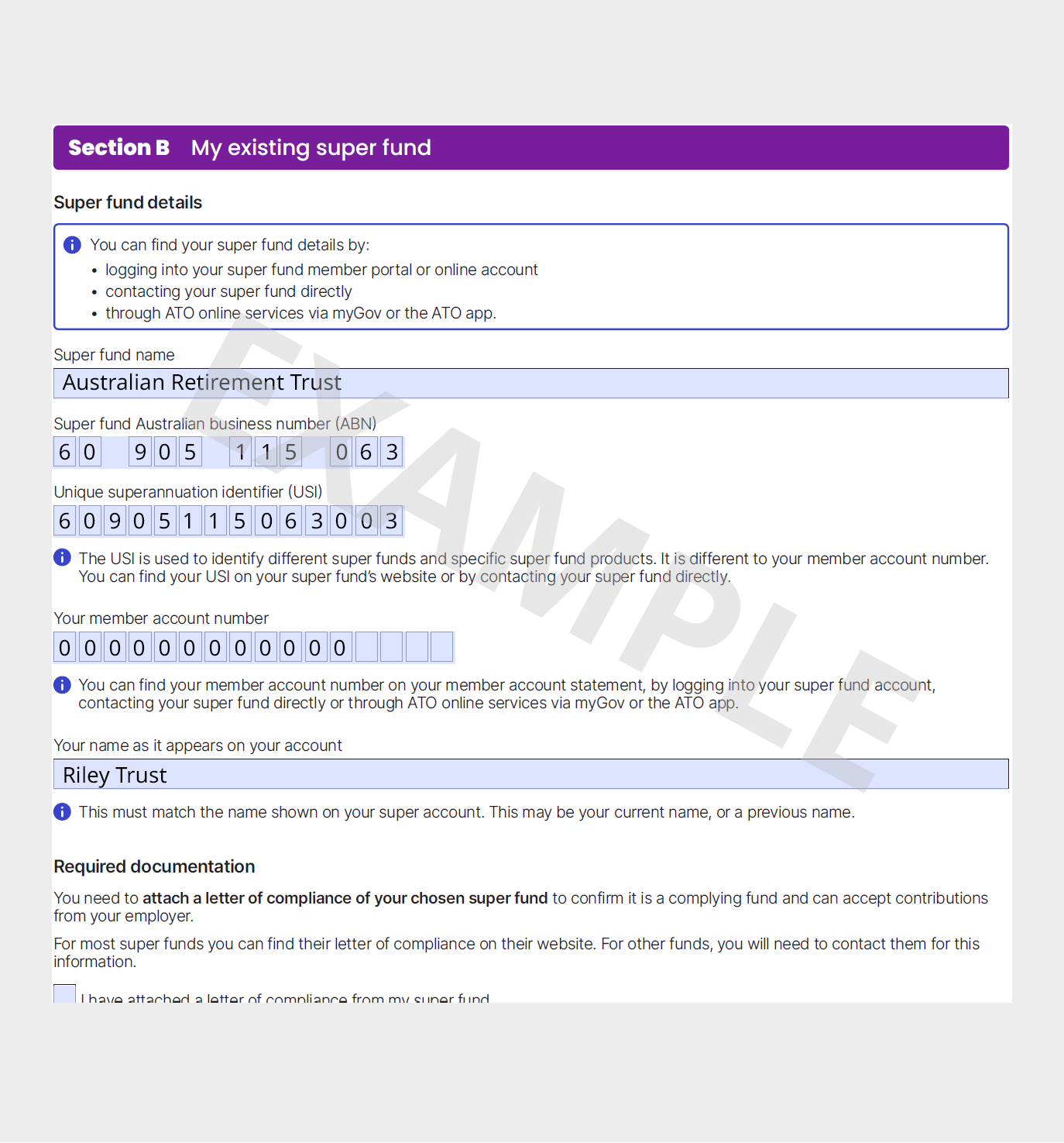 Screenshot of Section B for the Superannuation Standard Choice Form