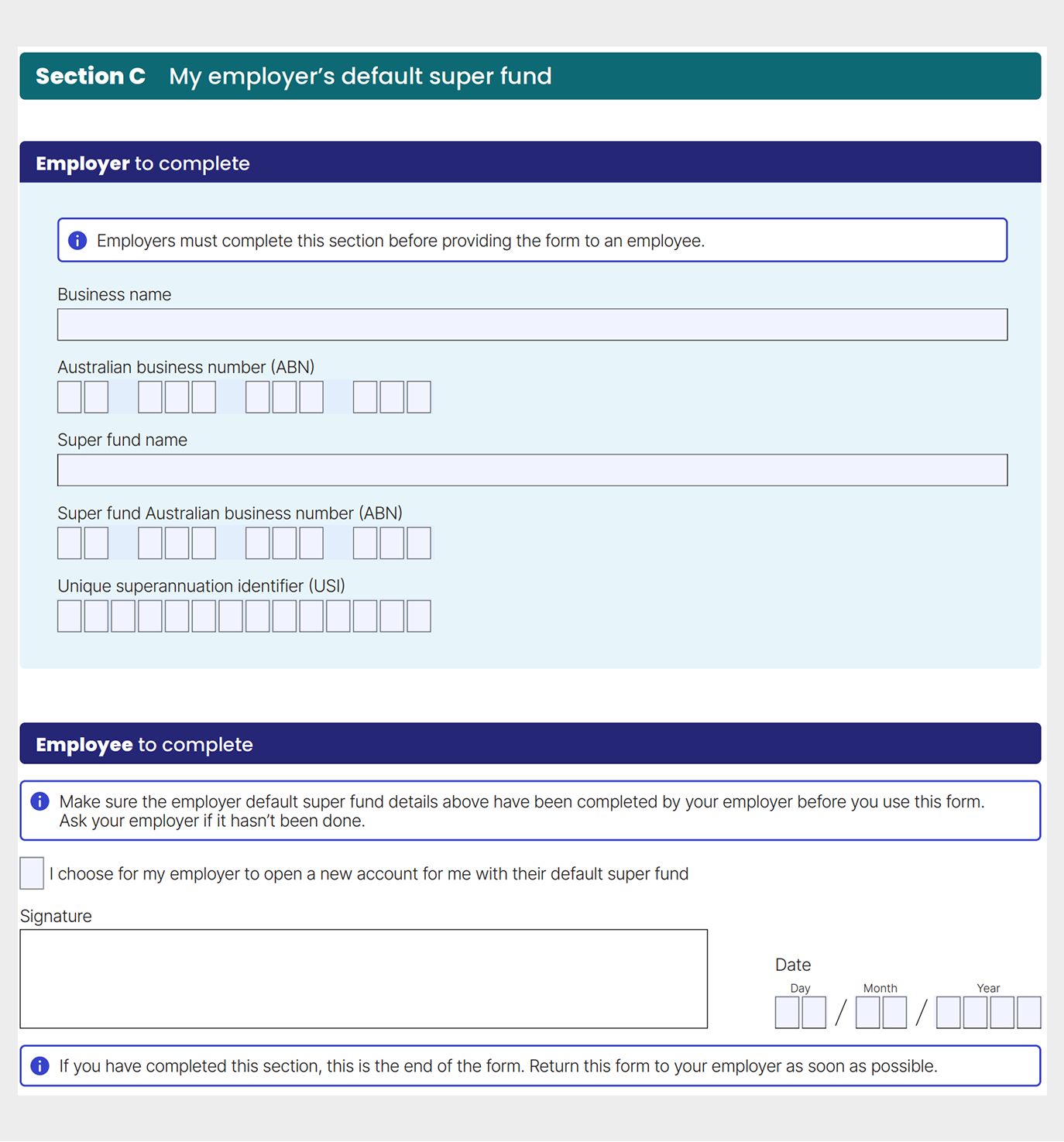Screenshot of Section C for the Superannuation Standard Choice Form